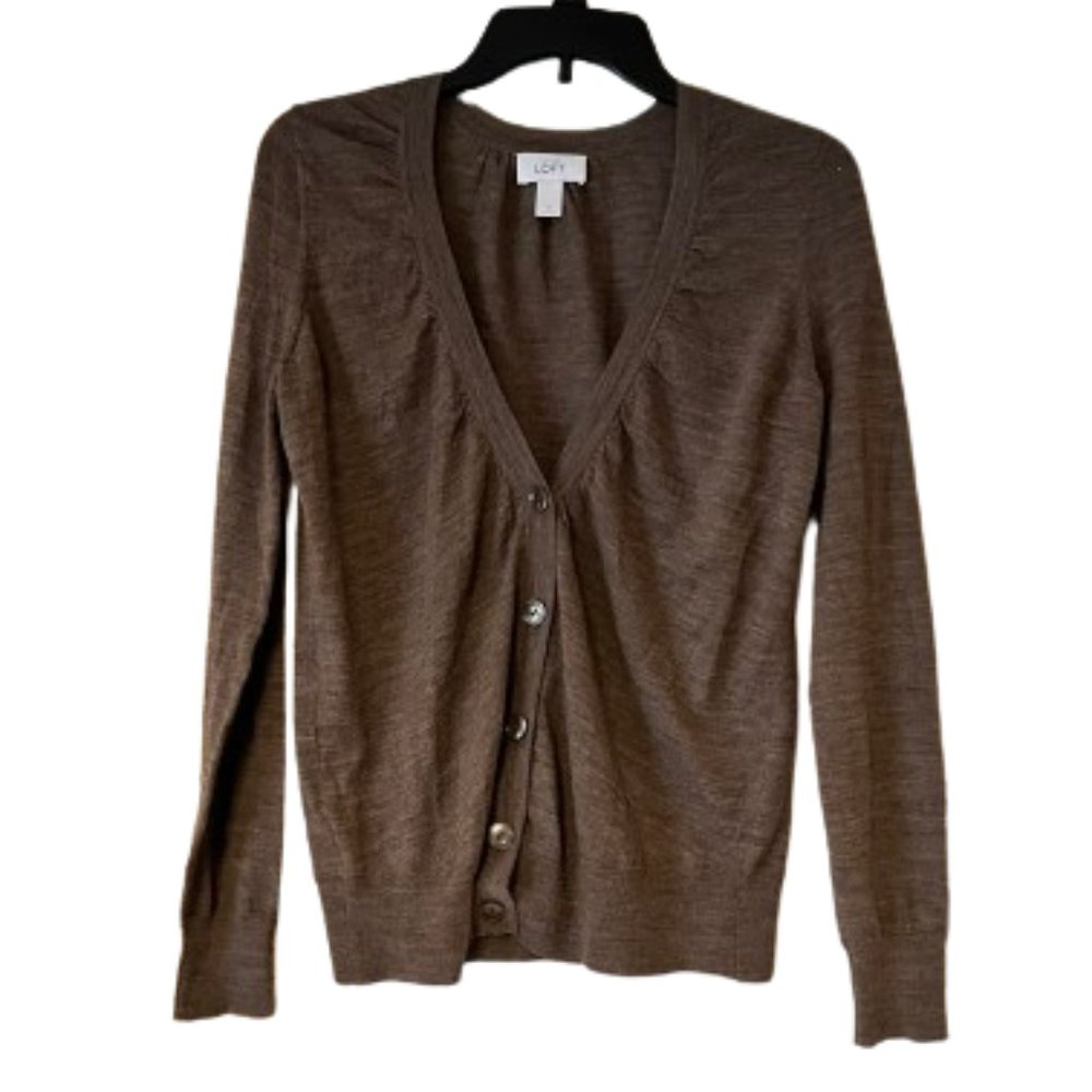 Loft Light Brown V-Neck Cardigan Sweater - Medium - 69% Wool